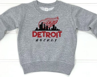 Detroit Hockey Skyline Kids Sweatshirt | Kids Detroit Hockey Shirt | Youth Michigan Hometown Pride Sports Fan Game Day Toddler Sweatshirt