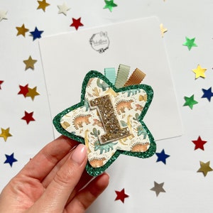 dino world birthday badge, first birthday, baby boy badge, star, cake smash prop, glittery birthday badge leatherette glitter dinosaurs