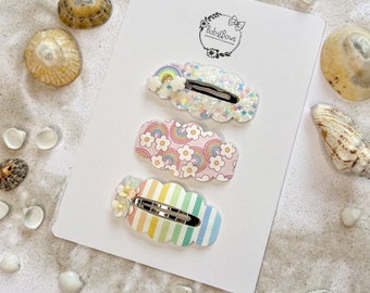 Similicuir festonné arc-en-ciel pastel et clips scintillants avec embellissements et fleurs ~ lot de 3 ou individuellement (clipse pression ovale argentée 5 cm)