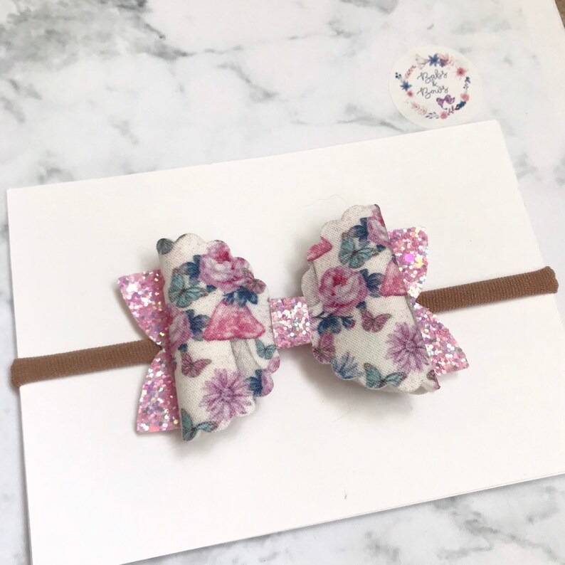 Pink Fairyland Scallop Fabric /& Glitter Bow Hair Accessory on either stretchy nylon headband or crocodile clip