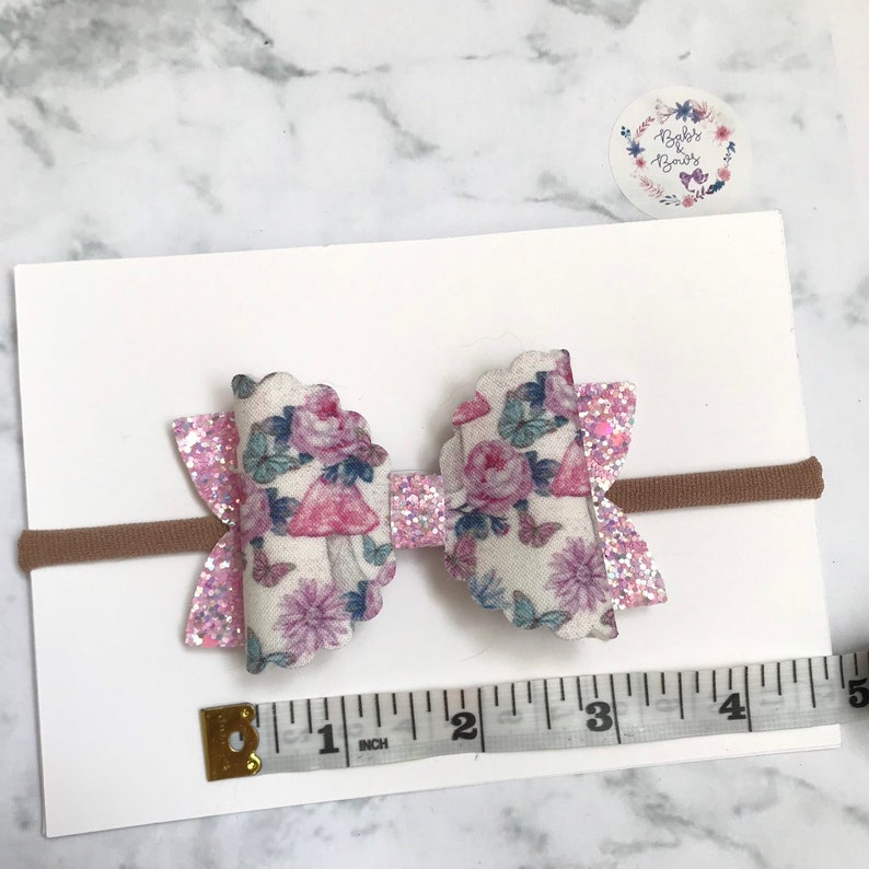 Pink Fairyland Scallop Fabric /& Glitter Bow Hair Accessory on either stretchy nylon headband or crocodile clip