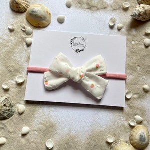 Strawberry Ivory Dot Summer Fabric Hand Tied Bow Hair Accessory (stretchy nylon headband or crocodile clip)