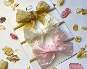 Faux Silk Neutrals Set of 3 Hand-Tied Bow Hair Accessories (stretchy nylon headbands or crocodile clips)