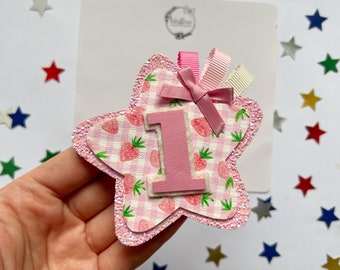 strawberries birthday badge, first birthday, baby girl badge, star, cake smash prop, glittery birthday badge leatherette glitter fields