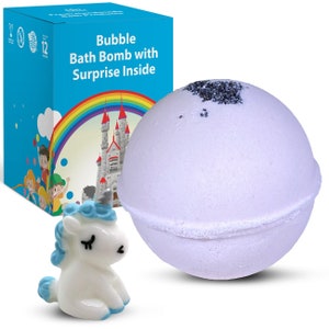 1 Bubble Bath Bomb for Kids with Surprise Toy Cute Unicorn Inside - Moisturizing Coconut and Olive Oils and Vanilla Cream Aroma - Handmade