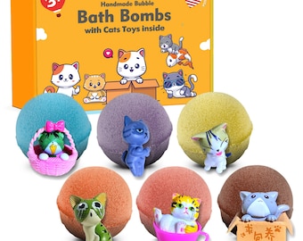 6 Bath Bombs with Kitty Cats Toys Inside for Kids – Natural & Safe Bombs w/ Essential Oils Great Gift Set for Boys and Girls – 6 x 5 oz