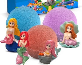 Handgefertigte 3 Badebomben für Kinder mit Meerjungfrau Spielzeug für Kinder - Überraschung für Mädchen, Jungen, Jugendliche - Lustiges Überraschungsgeschenk
