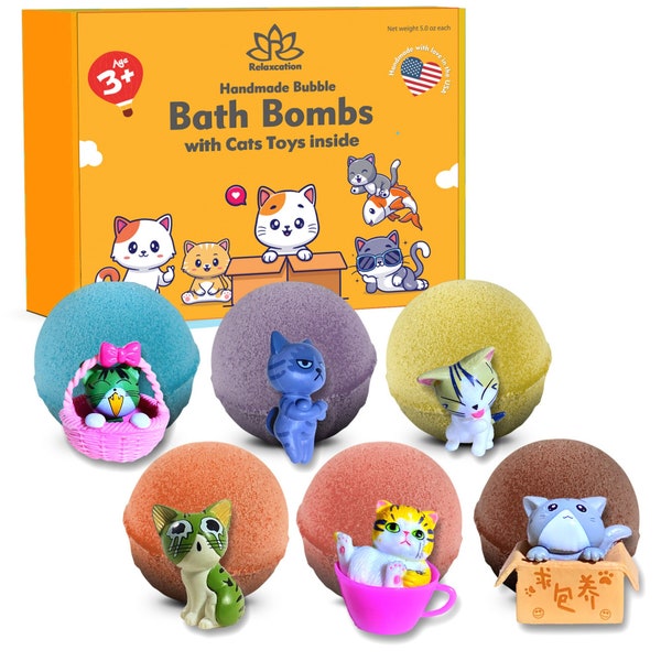 6 Bath Bombs with Kitty Cats Toys Inside for Kids – Natural & Safe Bombs w/ Essential Oils Great Gift Set for Boys and Girls – 6 x 5 oz