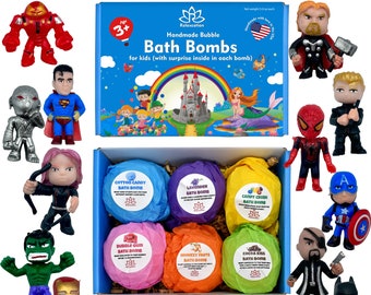 6 Bath Bombs Gift Set with SUPERHEROES Toys Surprise Inside for Kids, Bubble Fizzy Bath Set,  5 oz each Bathbomb Handmade in the USA