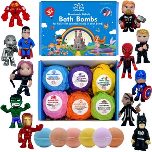 6 Bath Bombs Gift Set with SUPERHEROES (S.2) Toys Surprise Inside for Kids, Bubble Fizzy Bath Set,  5 oz each Bathbomb Handmade in the USA