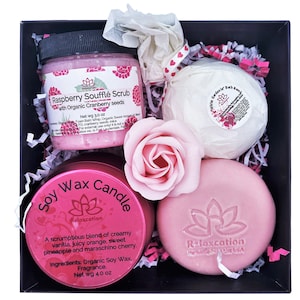 Bath and Body Gift Set in Cute Box - Body scrub, Candle, bath Bomb and Face Soap - amazing Gift set for Her, Women, Wife on Valentine Day