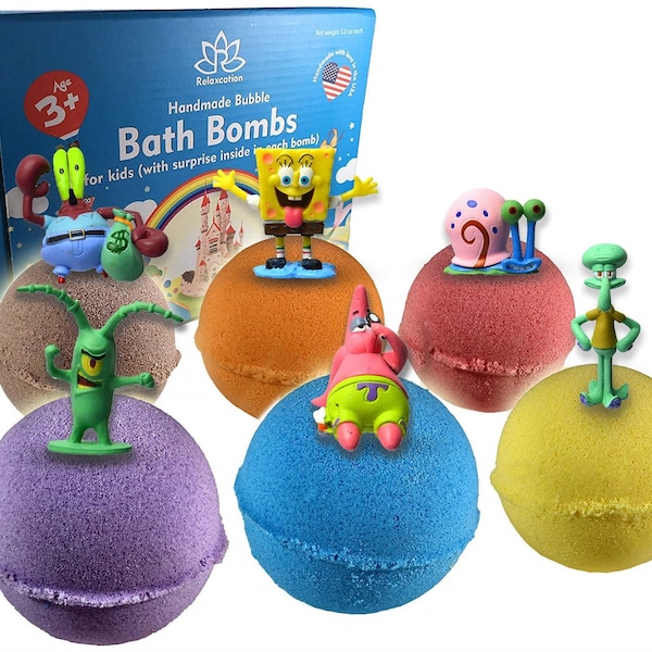 6 Bath Bombs with SPONGE and Friends Toys Inside for Kids – Natural & Safe Bombs  – Great Gift Set for Boys and Girls – 6 x 5 oz