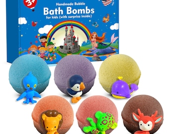 6 bombas de baño con adorables juguetes de animales para niños. Bombas naturales y seguras con aceites esenciales. Un regalo ideal para niños y niñas.