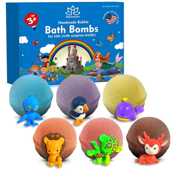 6 Bath Bombs with CUTE ANIMALS Toys Inside for Kids – Natural & Safe Bombs with Essential Oils  – Great Gift Set for Boys and Girls