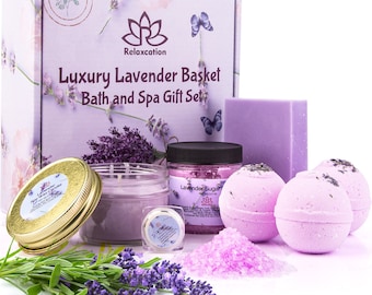 Lavender Gifts Set For Women - All Natural Organic: Candle, Bath Bombs, Soap, Sugar Scrub - Best Holidays Kit Idea for Mom Girls Her