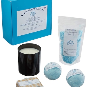 Spa Gift Set For Men - All Natural and Organic Ingredients - Soy Wax Candle, Soap For Men, Bath Bombs and Bath Salt - Handmade Basket