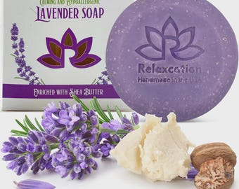 1 Soap Bar with Lavender and Shea Butter - CALMING & HYPOALLERGENIC - Cold Process Soap Bar For Adults - Safe for Sensitive Skin - Round