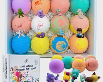 Set di 12 bombe da bagno con giocattoli per bambini, fatte a mano negli Stati Uniti / Kit di bombe da bagno frizzanti / Bombe da bagno multicolori, set di bombe da bagno naturali e sicure