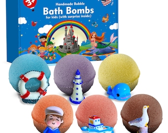6 Organic Handmade Bath Bombs Nautical Set For Kids with Nautical Marine Figures Surprises Toys Inside for Boys and Girls Gift Set