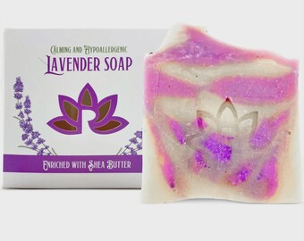 1 Soap Bar with Lavender and Shea Butter - CALMING & HYPOALLERGENIC - Cold Process Soap Bar For Adults - Safe for Sensitive Skin - Square