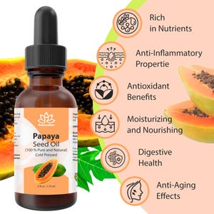 Pu&ograve; includere: Una bottiglia da 119 ml di olio di semi di papaia, 100% puro e naturale, spremuto a freddo. La bottiglia &egrave; in vetro marrone con un contagocce e un'etichetta bianca con foglie di papaia verdi e un'illustrazione di frutto di papaia. L'etichetta include anche il nome del marchio "Relaxcation". L'immagine mostra anche fette di frutto di papaia e icone che rappresentano i benefici dell'olio di semi di papaia, tra cui ricco di nutrienti, propriet&agrave; antinfiammatorie, benefici antiossidanti, idratante e nutriente, salute digestiva ed effetti anti-et&agrave;.