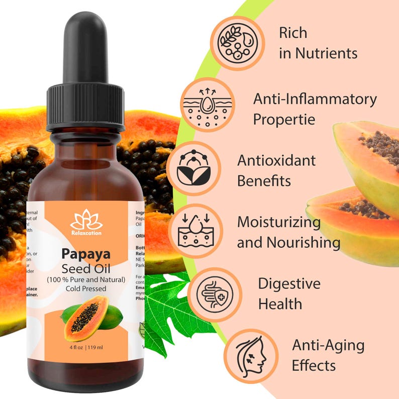 Pu&ograve; includere: Una bottiglia da 119 ml di olio di semi di papaia, 100% puro e naturale, spremuto a freddo. La bottiglia &egrave; in vetro marrone con un contagocce e un'etichetta bianca con foglie di papaia verdi e un'illustrazione di frutto di papaia. L'etichetta include anche il nome del marchio "Relaxcation". L'immagine mostra anche fette di frutto di papaia e icone che rappresentano i benefici dell'olio di semi di papaia, tra cui ricco di nutrienti, propriet&agrave; antinfiammatorie, benefici antiossidanti, idratante e nutriente, salute digestiva ed effetti anti-et&agrave;.