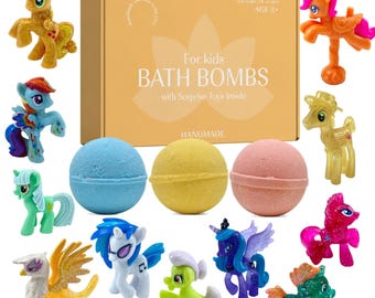 Kids Bath Bombs with Surprise Pony Toys – Organic Fizzy Bath Favors (Set of 3)