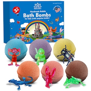 6 Bath Bombs with assorted Toys Inside for Kids – Natural & Safe Bombs with Essential Oils  – Great Gift Set for Boys and Girls – 6 x 5 oz