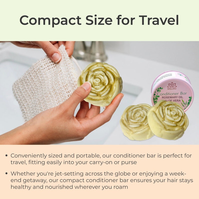 May include: Three white conditioner bars with a rose design on top. The bars are in a pink container with the text "Conditioner Bar Rosemary Oil Aloe Vera".