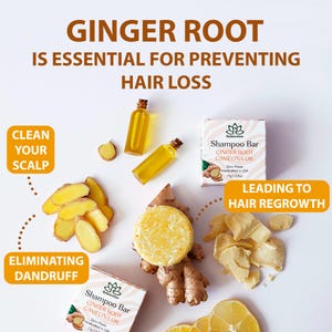 May include: Two bars of shampoo with the text "Shampoo Bar Ginger Root Camelina Oil Zero Waste Handcrafted in USA 75g/2.5oz" on the label. The bars are surrounded by ginger root, lemon slices, and a small bottle of oil. The text "Ginger Root is essential for preventing hair loss" is at the top of the image. The text "Clean your scalp eliminating dandruff leading to hair regrowth" is at the bottom of the image.