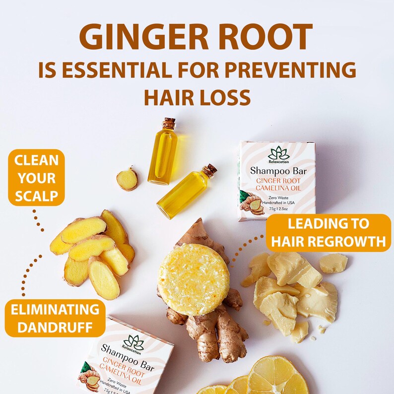 May include: Two bars of shampoo with the text "Shampoo Bar Ginger Root Camelina Oil Zero Waste Handcrafted in USA 75g/2.5oz" on the label. The bars are surrounded by ginger root, lemon slices, and a small bottle of oil. The text "Ginger Root is essential for preventing hair loss" is at the top of the image. The text "Clean your scalp eliminating dandruff leading to hair regrowth" is at the bottom of the image.