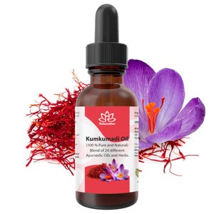 May include: A brown glass bottle with a dropper top filled with a clear liquid. The bottle is labeled "Kumkumadi Oil (100% Pure and Natural) Blend of 24 different Ayurvedic Oils and Herbs". The bottle is surrounded by red saffron threads and a purple crocus flower.