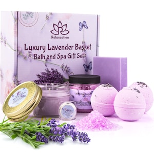 Lavender Gifts Set For Women - All Natural Organic: Candle Bath Bombs Soap Sugar Scrub Best Holidays Kit Idea for Mom Girls Her self care