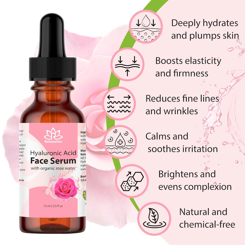 May include: A brown glass bottle with a dropper top containing Hyaluronic Acid Face Serum with organic rose water. The bottle is labeled "Relaxcation" and has a rose illustration. The image also shows icons representing the benefits of the serum, such as hydration, elasticity, wrinkle reduction, irritation relief, and complexion brightening.