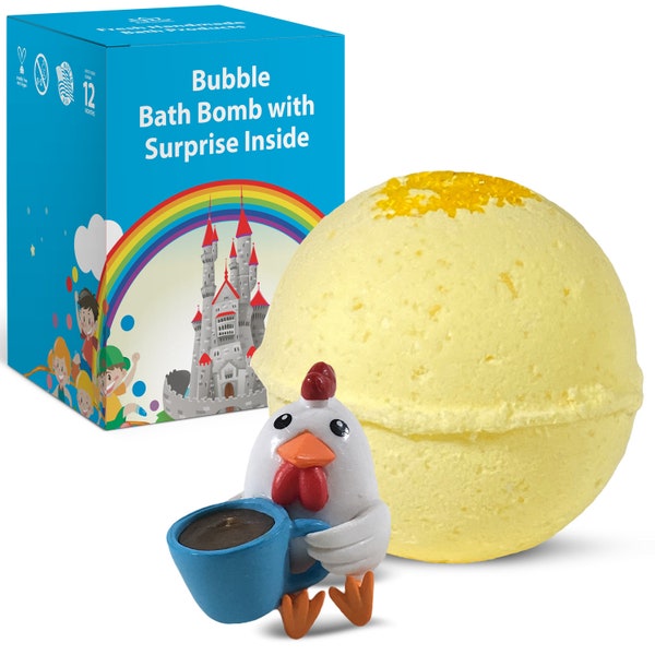 1 Bubble Bath Bomb for Kids with Surprise Rooster Toy Inside - Moisturizing Coconut and Olive Oils and Sweet Island Nectar Aroma - Handmade