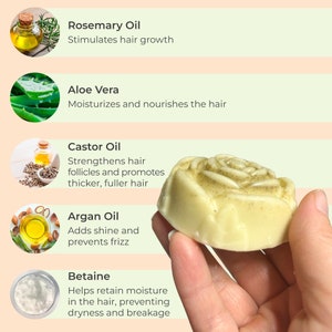 May include: A close-up of a white, rose-shaped soap bar with green flecks. The soap bar is held in a hand. The image also shows five different ingredients for hair care: rosemary oil, aloe vera, castor oil, argan oil, and betaine. The ingredients are listed with their benefits for hair.