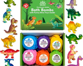 6 Bath Bombs For Kids Funny Dino Toys Inside Each Bomb Perfect Gift Set –5oz Large Bath Fizzies with Fun Bubble Effect - For Boys and Girls