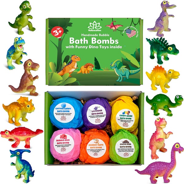 6 Bath Bombs For Kids Funny Dino Toys Inside Each Bomb Perfect Gift Set –5oz Large Bath Fizzies with Fun Bubble Effect - For Boys and Girls