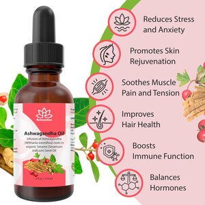May include: A 4-ounce bottle of Ashwagandha Oil, a natural supplement, with a pink label and white text. The bottle is surrounded by illustrations of benefits, including stress reduction, skin rejuvenation, muscle pain relief, hair health, immune function, and hormone balance.