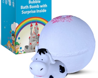 1 Bubble Bath Bomb for Kids with Surprise Cute Cow Toy Inside - Moisturizing Coconut and Olive Oils and Floral White Gardenia Aroma - USA