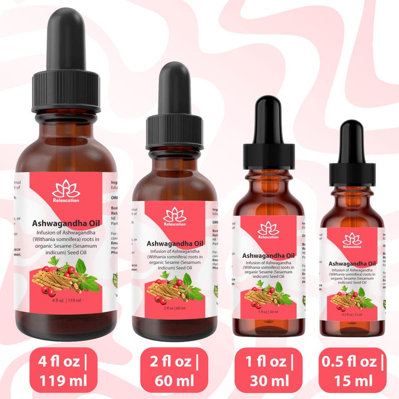May include: Four brown glass bottles of ashwagandha oil in different sizes, labeled with the brand name "Relaxcation". The bottles are arranged from largest to smallest, with the largest bottle being 4 fl oz (119 ml), the next largest being 2 fl oz (60 ml), the next being 1 fl oz (30 ml), and the smallest being 0.5 fl oz (15 ml).