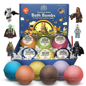 6 Bath Bombs For Kids with Star OF Wars Toys Inside Each Bomb Perfect Gift Set 5 oz Large Bath Fizzies w/Fun Bubble Effect For Boys and Girl