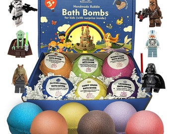 6 Bath Bombs For Kids with Star OF Wars Toys Inside Each Bomb Perfect Gift Set 5 oz Large Bath Fizzies w/Fun Bubble Effect For Boys and Girl