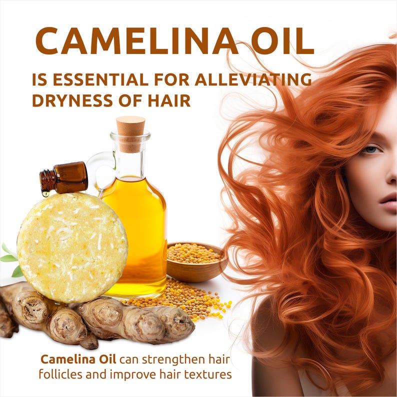 May include: Camelina oil is essential for alleviating dryness of hair. A clear glass bottle of camelina oil, a round bar of soap, and a bowl of mustard seeds are shown. The text "Camelina Oil can strengthen hair follicles and improve hair textures" is also shown.
