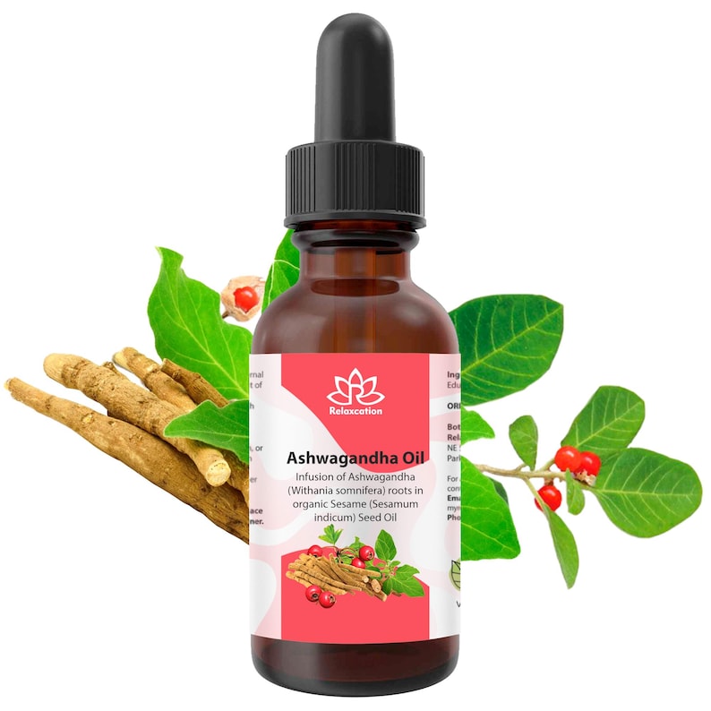 May include: A brown glass bottle with a dropper top, labeled "Ashwagandha Oil". The label also includes the text "Infusion of Ashwagandha (Withania somnifera) roots in organic Sesame (Sesamum indicum) Seed Oil". The bottle is surrounded by green leaves and brown roots.