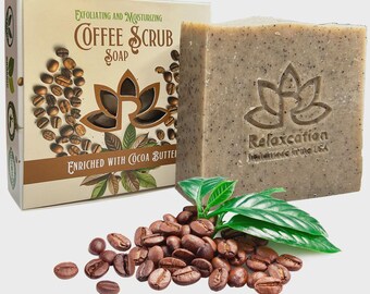 1 Natural Coffee Scrub Soap Bar - Exfoliating with Organic Cocoa Butter - Square Handmade in the USA