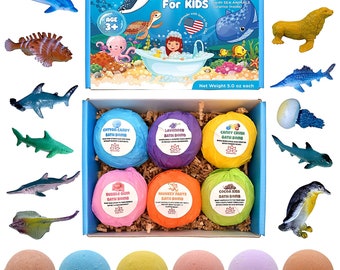 6 Bath Bombs with Sea Animals Toys Inside for Kids – Natural & Safe Bombs with Essential Oils – Great Gift Set for Boys and Girls – 6 x 5 oz