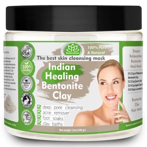 Indian Healing Clay Jar 12 oz Pure & Natural Bentonite Clay, Deep Pore Cleansing Face Skin Care Detoxifying Wyoming Organic Clay/Acne Remove