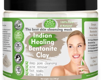 Barattolo di argilla curativa indiana da 12 once, argilla bentonitica pura e naturale, pulizia profonda dei pori, cura della pelle del viso, argilla biologica del Wyoming, rimozione dell'acne