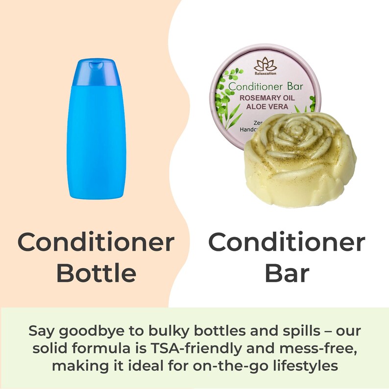 May include: A blue plastic bottle of conditioner next to a white conditioner bar in the shape of a rose. The bar is labeled "Conditioner Bar Rosemary Oil Aloe Vera".
